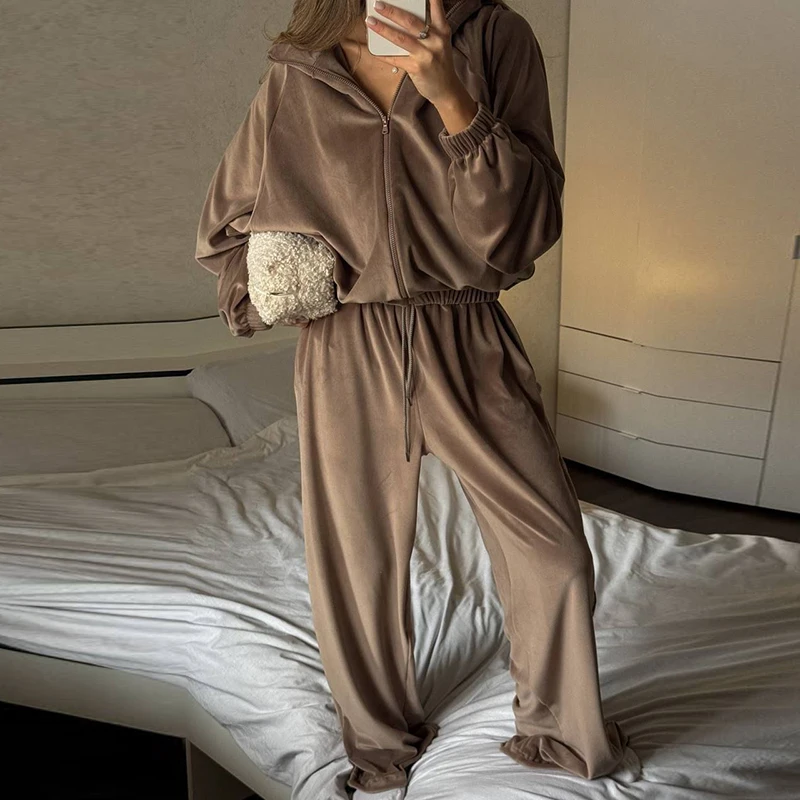 Casual Lapel Velvet Long Sleeve Coat&Pants Sets Autumn Winter New Women's Commute 2 Piece Sets Elegant Solid Color Sportwear Set