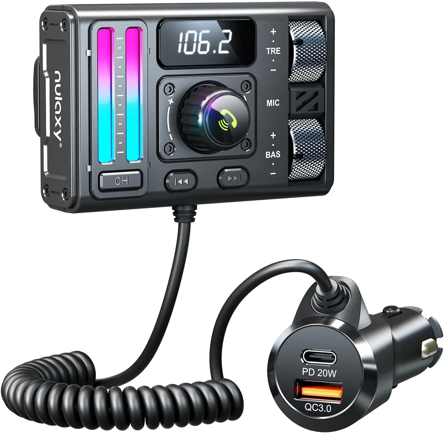 Car Bluetooth 5.3 Adapter FM Transmitter with Air Vent Installation Aux Supports QC3.0 Treble and Bass Sound Music Player