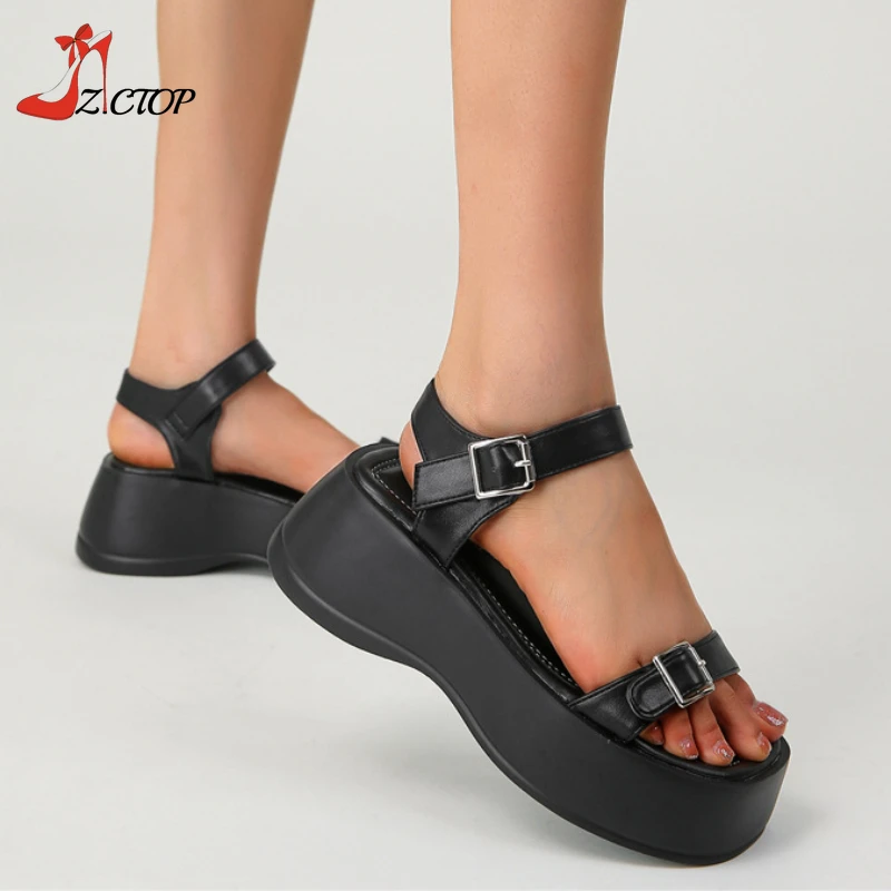 Summer Platform Sandals for Women Wedges Thick Soled Shoes Black Silver Open Toe Buckle Strap Chunky Sandal Comfort Casual Shoes