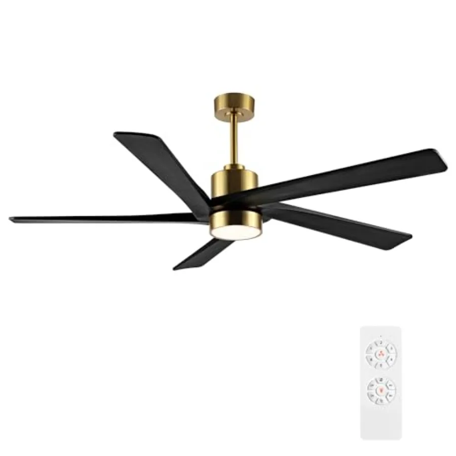 Large ceiling fan for indoor use, brass finish with black carved wood blades, 6-speed reversible DC motor, includes 3 downrods