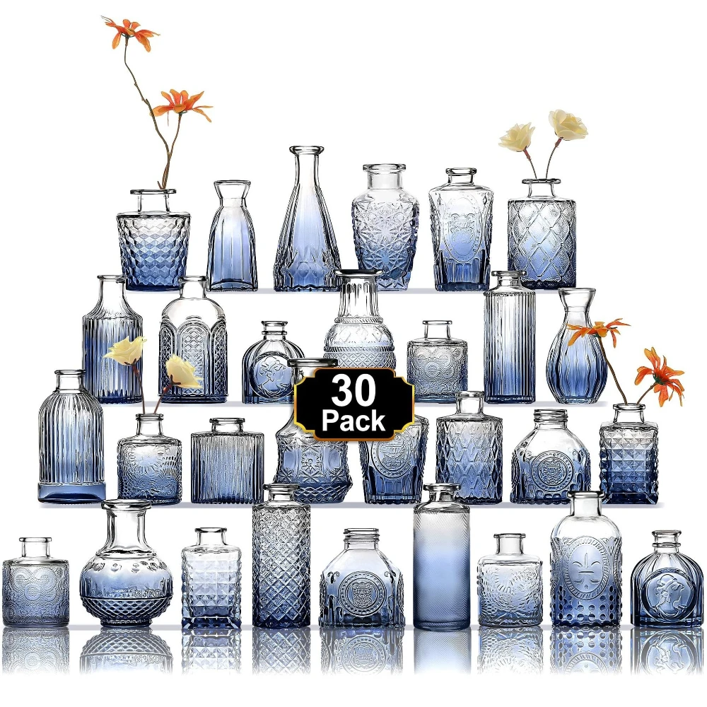 30Pcs Mini Vintage Glass Bud Vases Set Unique Embossed Patterns Vases for Wedding Home Table Decor Flower Arrangement