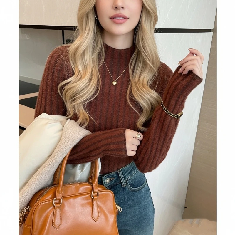 

Осень и зима, новый однотонный женский полуводолазка с длинными рукавами, облегающий свитер, модная полосатая трикотажная рубашка, нижняя рубашка