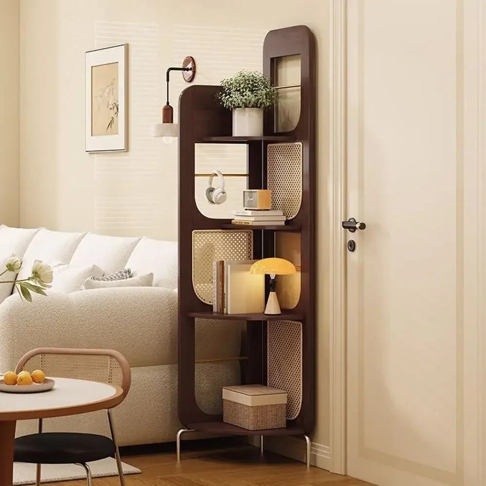 Bamboo Corner Shelf with Faux Rattan Panel, Four-Tier Decorative Corner Shelf Stand, Retro Floor-Standing Corner Bookshelf, Vers