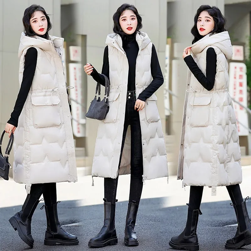 2023 New Women Winter Vests Hooded Long Bright Color Vest Cotton Padded Sleeveless Coat Female Waterproof Thick Waistcoat