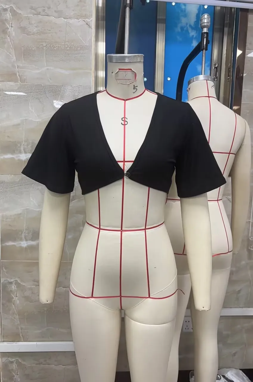 Women T-shirt, Short Sleeve V Neck Button Closure Solid Summer Crop Top