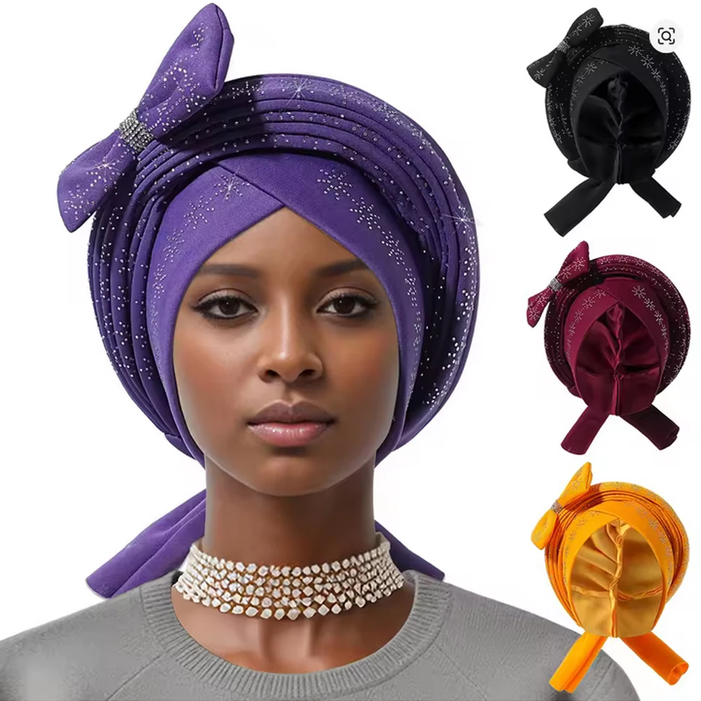 African Wedding Turban Bow Headscarf Pre-Tied Cross Wrap Turban Beanies Rhinestone Headscarf Cap Auto Gele Muslim Hijab Headgear