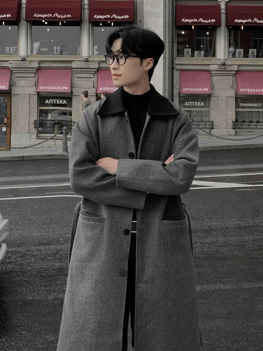 

Мужское шерстяное пальто средней длины на осень-зиму, утепленное, двустороннее, выше колена, ветрозащитное, молодежное, модное, свободного кроя