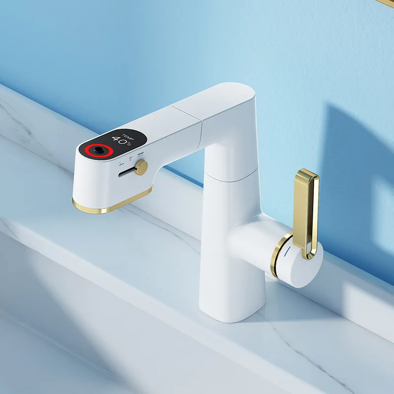 Digital Display Adjustable Rotating Pull-Out Faucet with Cold and Hot Water for Bathrooms and Washbasins
