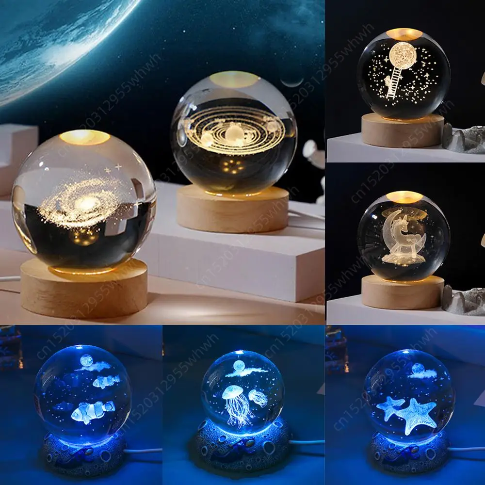 Crystal Ball Night Lights Glowing Planet Galaxy Astronaut 3D Moon Table Lamp USB Atmosphere Lamp Tabletop Decorations Kid Gifts