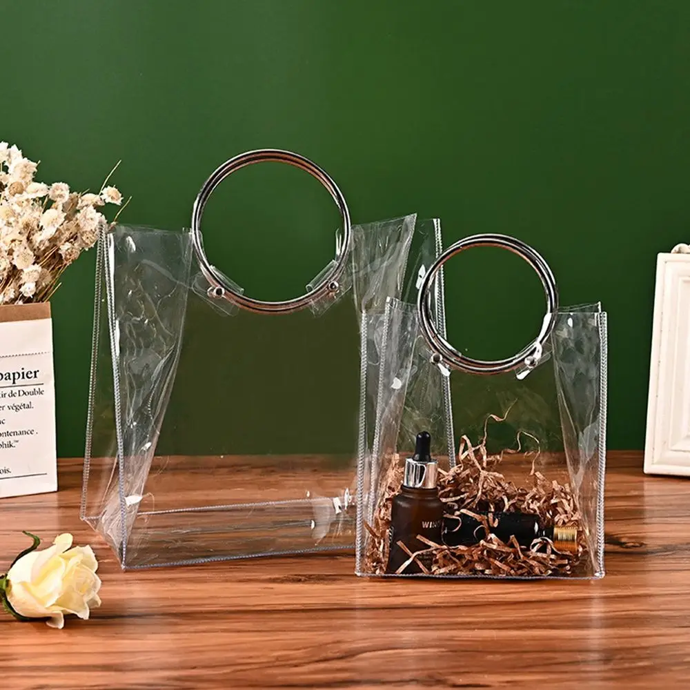 1Pc Transparent PVC Tote Bag Metal Texture Design Round Hand-held Jewelry Pouch Wedding Candy Case