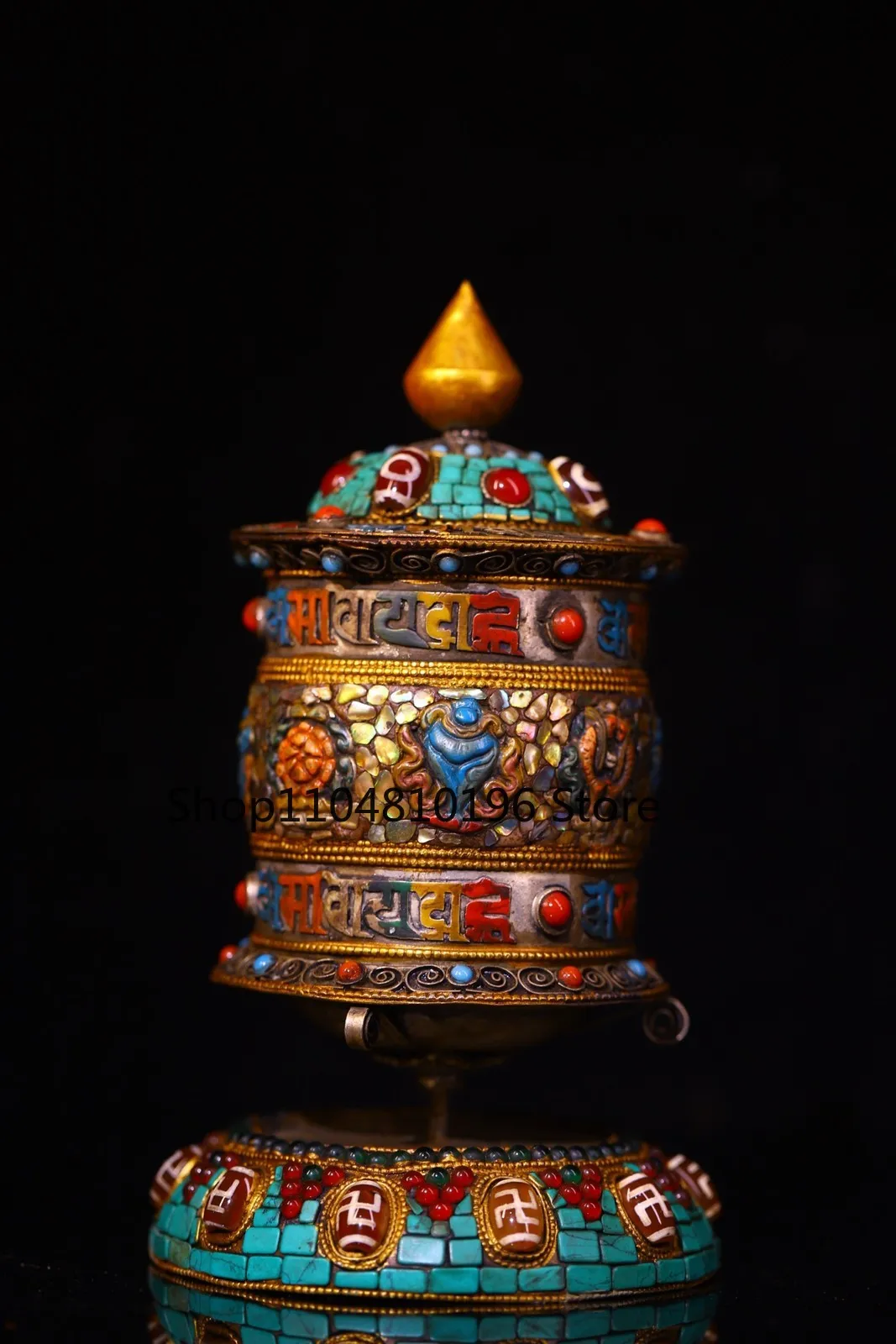 Bronze Gem gZi Beads Turquoise Eight Treasures Prayer Wheel Old Scriptures
