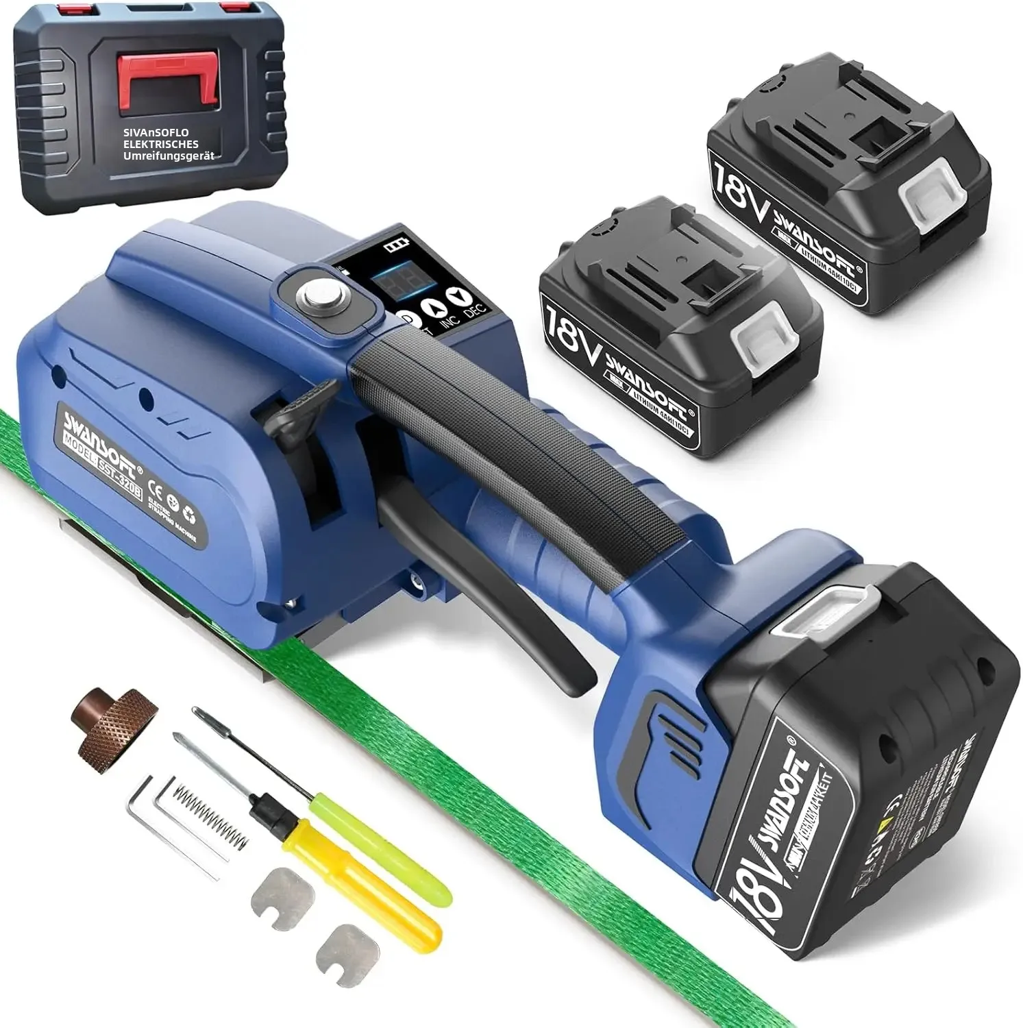 SWANSOFT Elektrische Umreifungsmaschine für 13–16mm PP/PET-Bänder mit Digitalanzeige – Automatisches Werkzeug mit 2×4Ah Akkus – für Verpackungskartons und Paletten