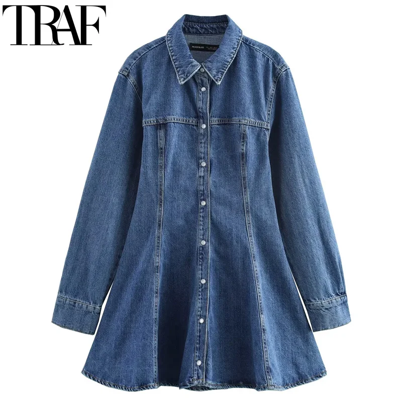 

TRAF Женские платья 2025 Новое синее джинсовое платье Женские весенние мини-Повседневные женские платья с длинными рукавами Короткие платья на пуговицах