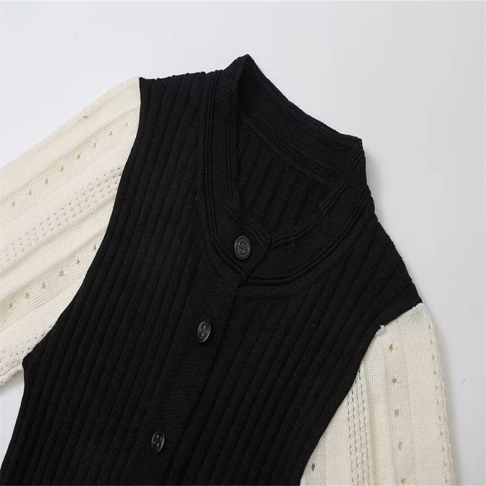 Robe tricotée élégante, ajourée, manches courtes, mi-longue, taille haute, Slim, Patchwork, simple boutonnage, pour dames, nouvelle collection