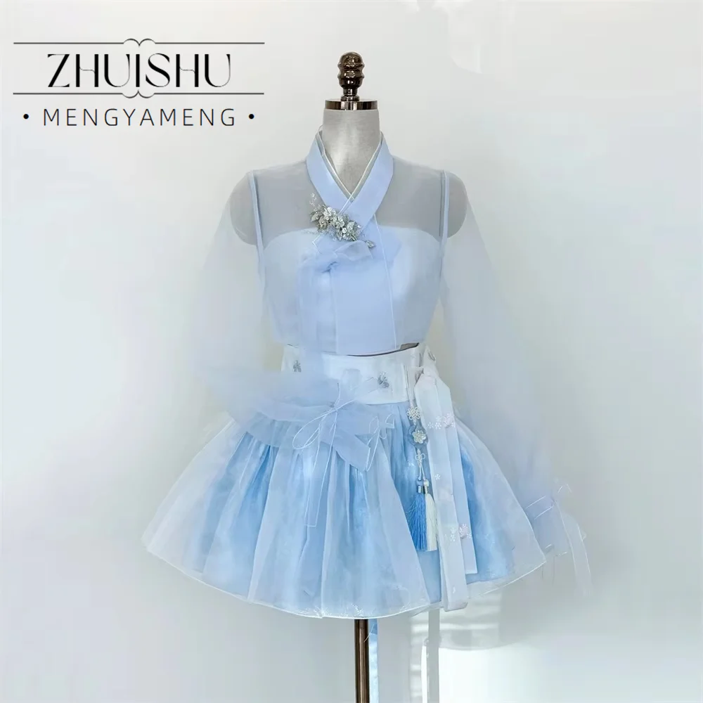 2 Blue Hanbok Mini Dress Korean Traditional Long Sleeves Skirt Set Wedding Photoshoot Party Dress Customized 드레스