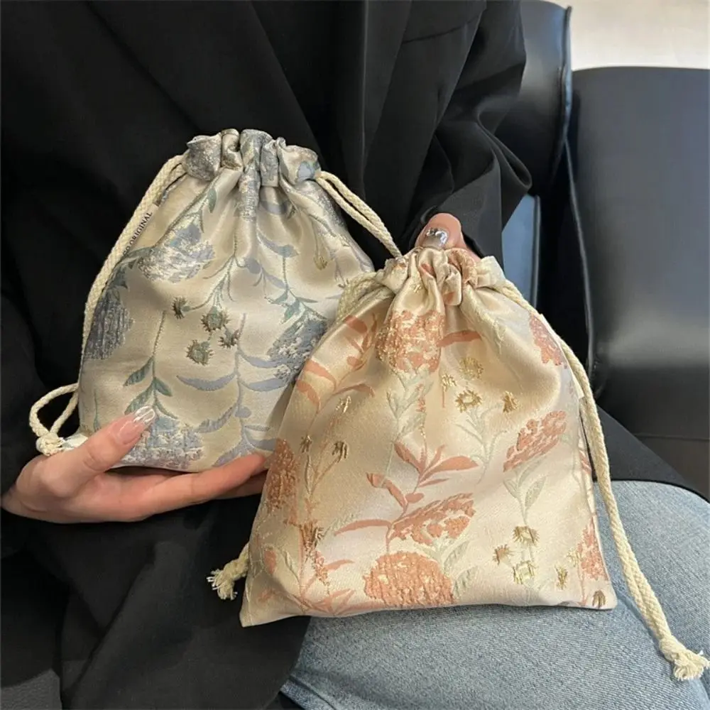 Portable Polyester Drawstring Bags Large Capacity Drawstring Packaging Makeup Bag Flower Coin Purse Women