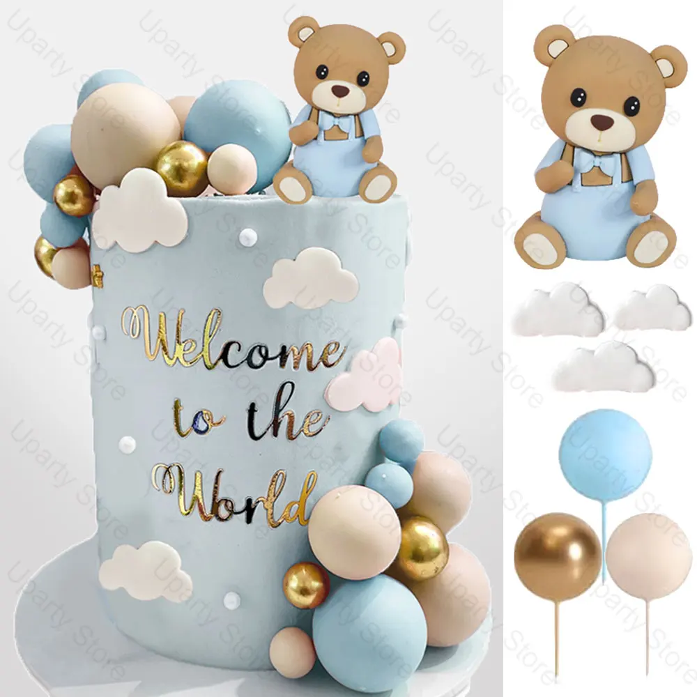 32Pcs Bear Cake Toppers Blue Pink Cake Balls Brown Bear Cake Decorations for Baby Shower 1st Birthday Party Cake Decor Favor