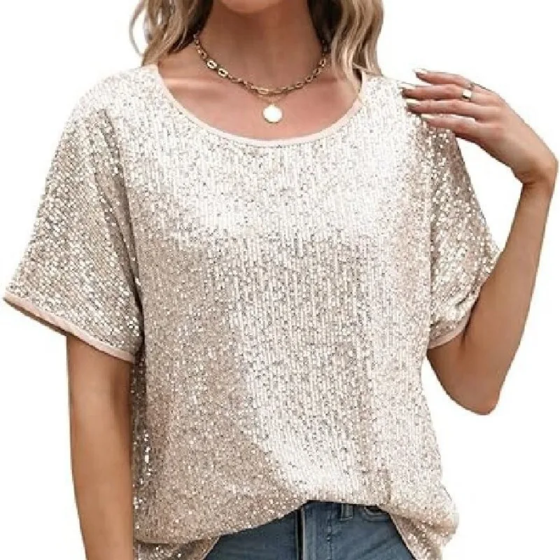 2024 Elegant Elegant New Loose Sequins Shoulder Short Sleeve Casual Sequin Deep V Shirt