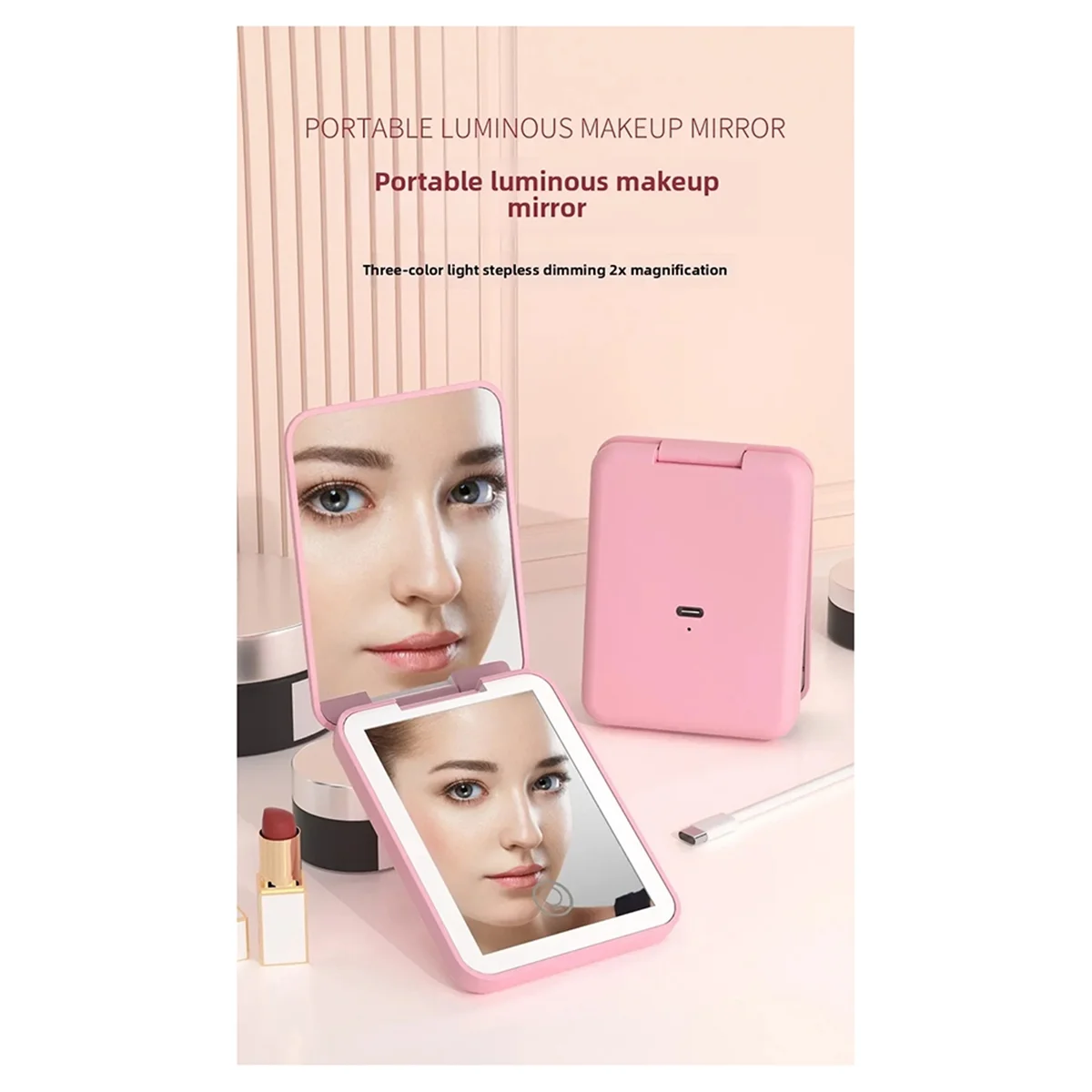 مرآة مستحضرات التجميل المدمجة الصغيرة القابلة للطي مع أضواء محمولة باليد بجيب صغير للسفر، مرآة مكياج 2X بيضاء مكبرة