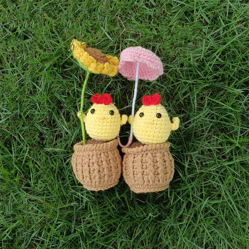 Funny Crochet Chicken Frog Potted Plant Home Room Decoration Handmade Knitted Wool Dolls Kid's Cheer Up Christmas Toy Gifts