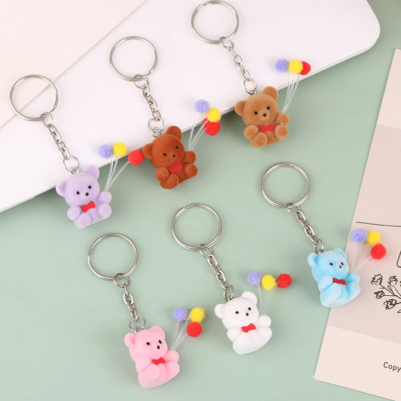 Flocked Balloon Bear Keychain Pendant Mini Flocking Sitting Bear Animals Doll Keyring Car Bag Pendant Backpack Charms Decor Gift