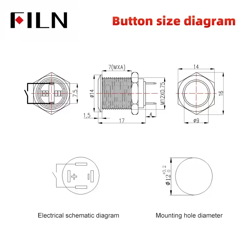 FILN 12mm Momentary Push Button Switch 12V Waterproof Power Pushbutton Small Round Chrome Stainless Metal 2pin