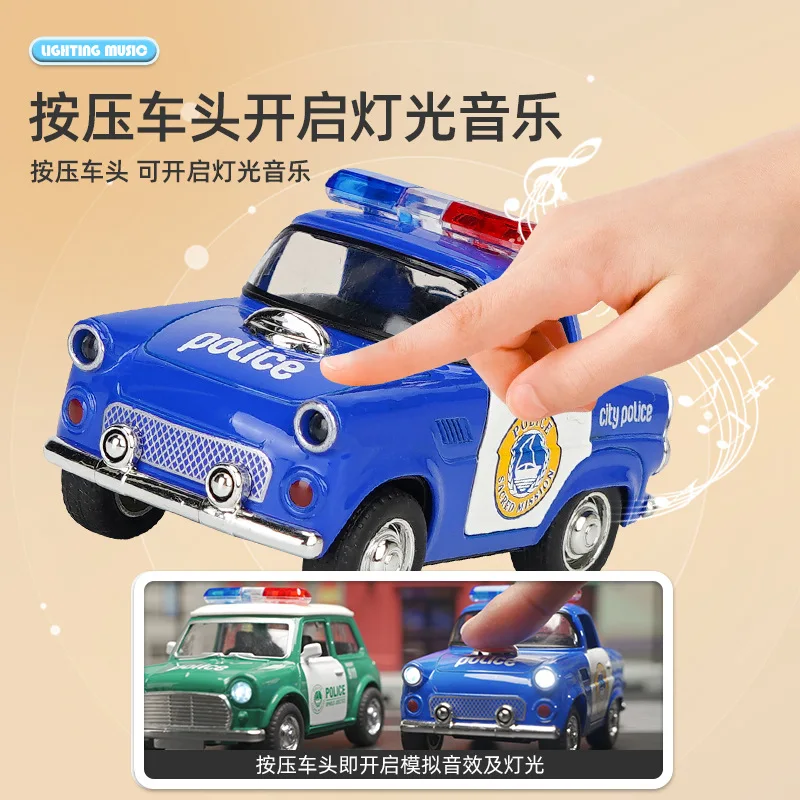 어린이 관성 자동차 장난감 소리 조명이있는 합금 경찰 차량 자동차 모델 어린이 자동차 장난감 운송 차량을 당깁니다.