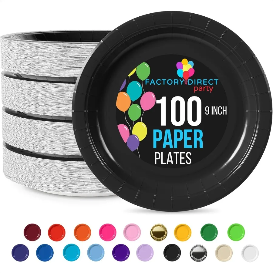 

Черные бумажные тарелки Party Solids, сверхмощные 9-дюймовые черные тарелки для вечеринки, 100 шт., сверхмощные 350 GSM мушки на день рождения
