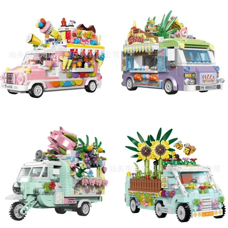 Ice cream pizza truck Girl Chinese building blocks toys pieced together ornaments children\'s gifts