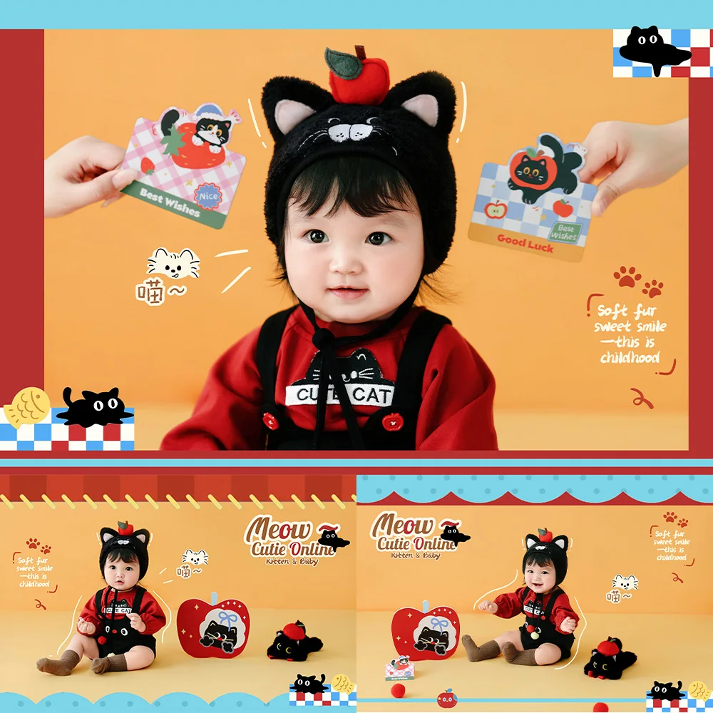 Cute Kitten Baby Photography Props Kit Black Cat Photo Costume Cartoon Cat Themed Decorative Props for 100 Days Milestone Shoot