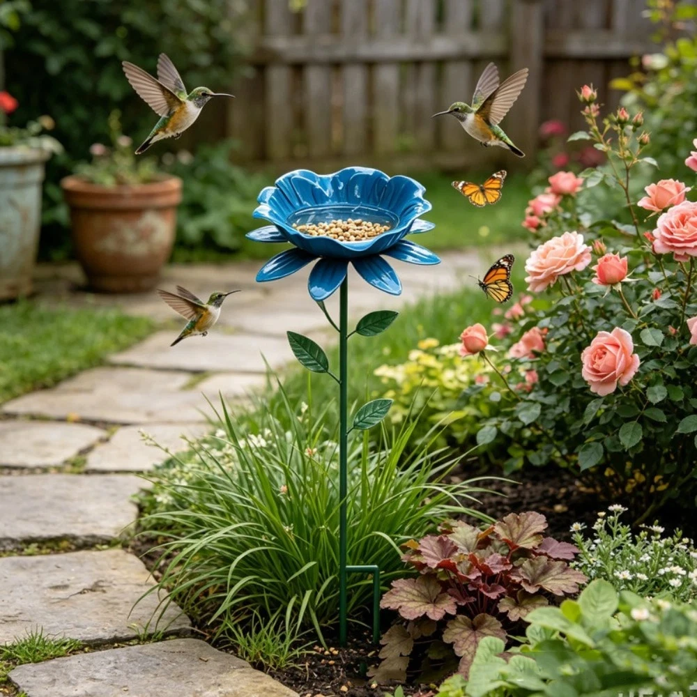 Flower Shape Metal Garden Birdbath Handcrafted Weather Resistant Bird Bath Stake UV Resistant Wavy Curved Petal