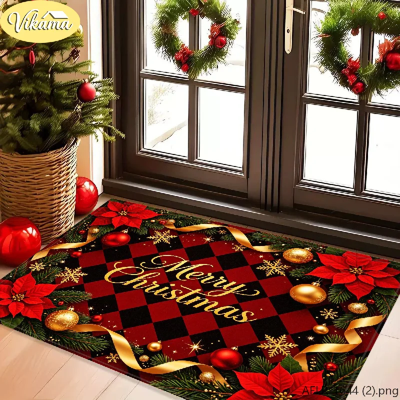 VIKAMA Christmas Doormat Red Black Check Gold Ribbon Ornament Greetings Entry Mat Entryway Porch Winter Decor Soft Durable Cozy