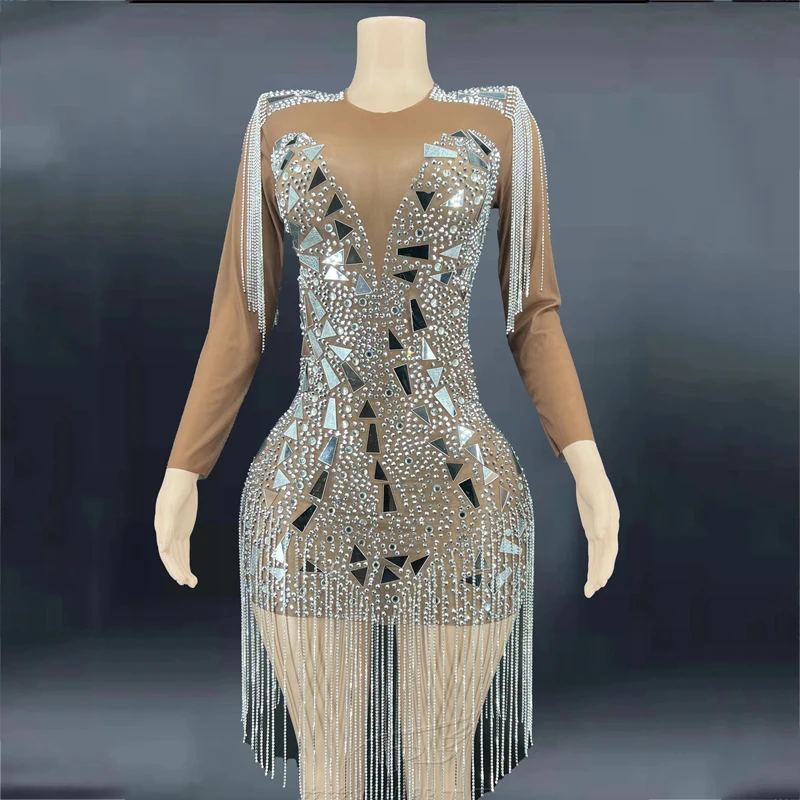 Robe en maille transparente avec chaînes de cristaux et miroirs argentés, à franges, Costume de célébration d'anniversaire, tenue de Festival en boîte de nuit, nouvelle collection