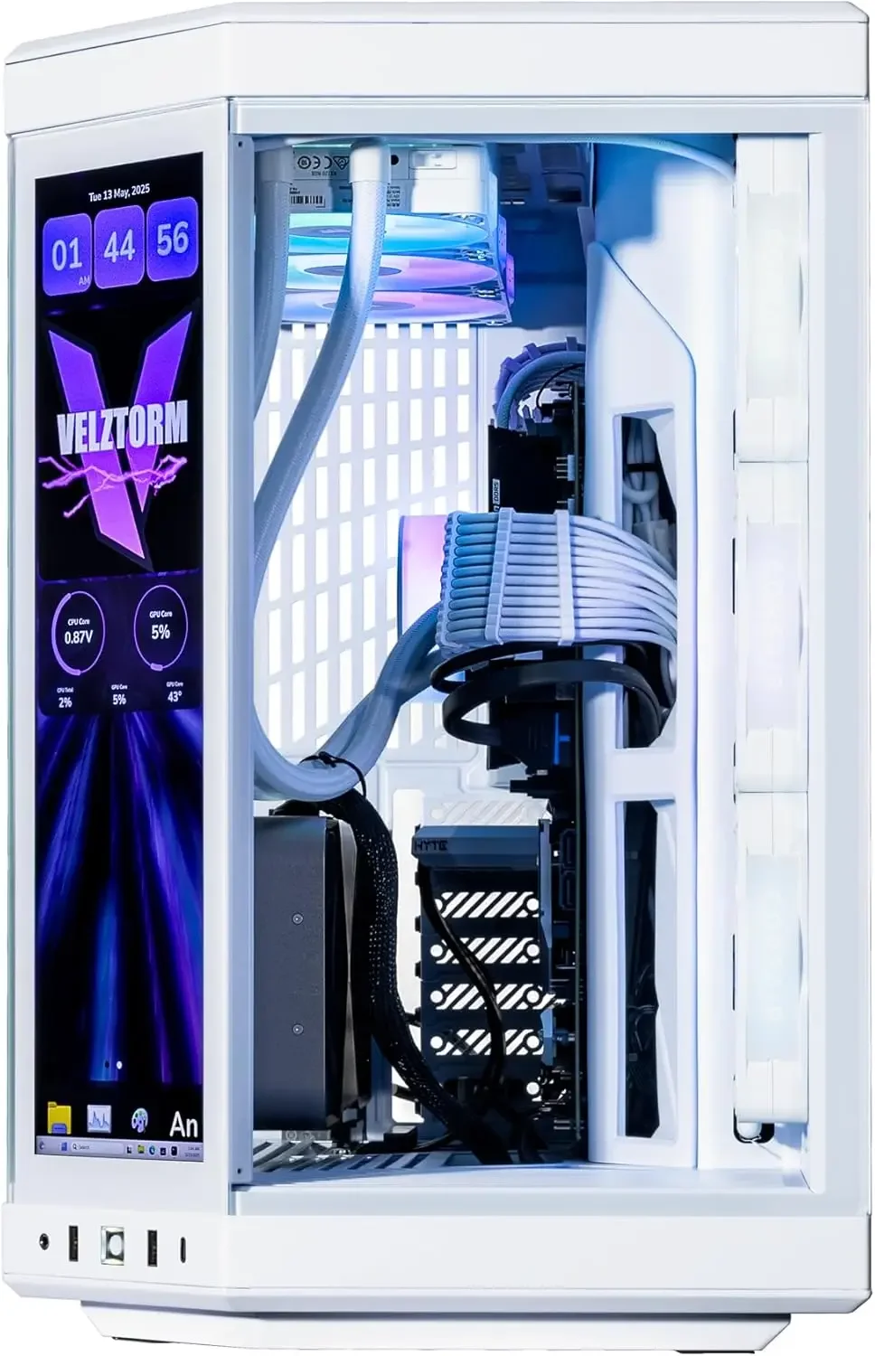 Velztorm LCD White Praetix Custom Built Y70 Touch Gaming Desktop PC (GeForce RTX 5080 16GB, Liquid Cooled Intel i9-14900K, 32GB