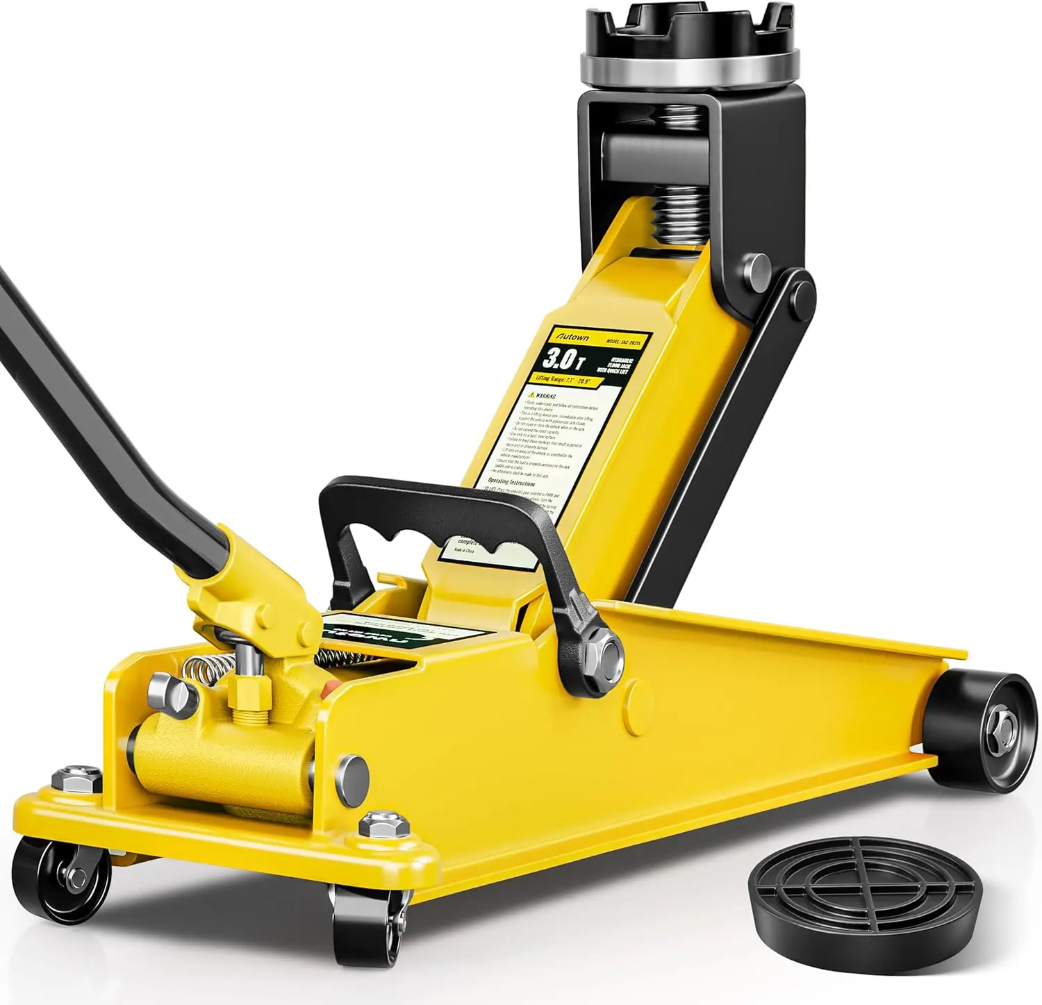 

3-тонный сверхмощный гидравлический напольный домкрат для автомобилей и грузовиков, низкопрофильный с резиновой подушкой, диапазон подъема 7,1–20,9 дюймов