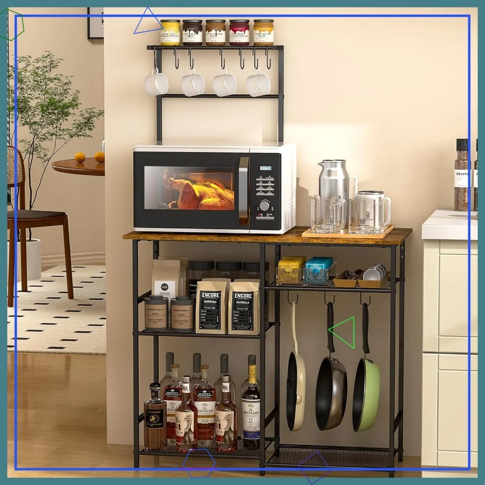

6-Tier Kitchen Storage Rack with Adjustable Shelves, Microwave Stand, and Hooks for Spices and Pots in Rustic Brown