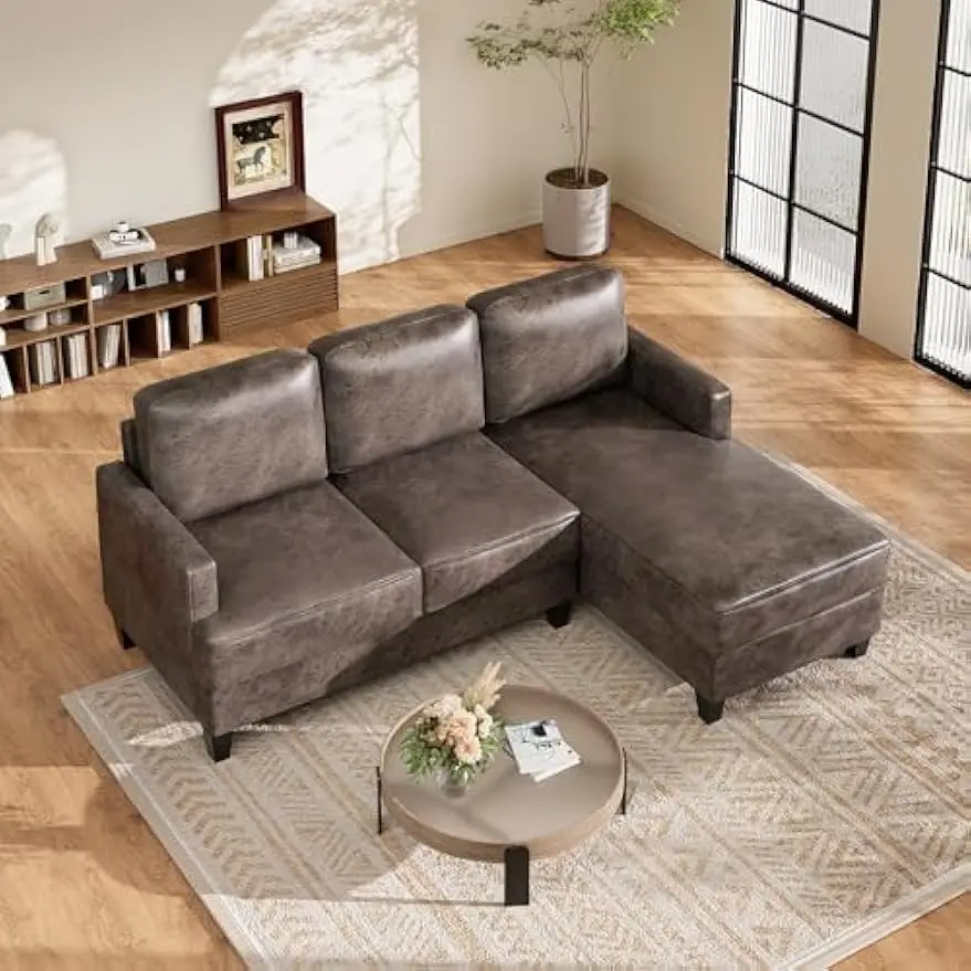 72 inch L Shaped Couches, 3 Seater Sectional with Chaise Lounge, Upholstered 3 Cushion, 2 Piece Sofa Set for Living Room, Brown