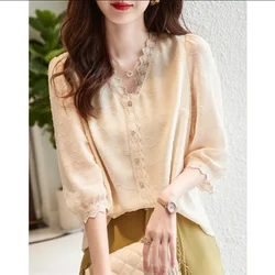 Thin Blouses V-neck Pullover Women Shirts 3/4 Sleeve Chiffon Shirt Lace Tops Summer Woman Clothes Blous Button Female Blouses