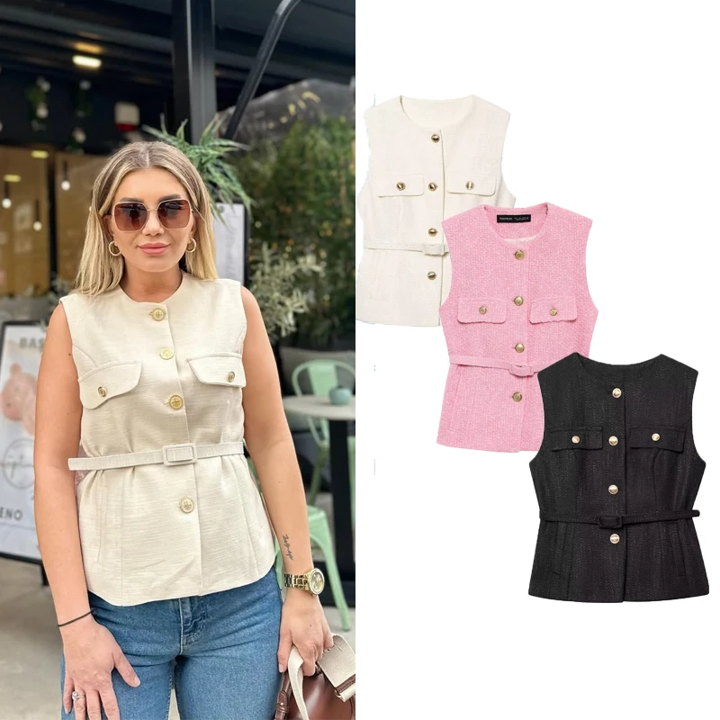

Women's Jacket Vest Autumn Women's 2025 New Chic Simple Casual Female Vest With Belt O-Neck Sleeveless Single Breasted Slim Vest