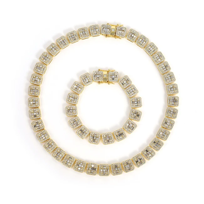 13mm alloy full-crystal rhombus Cuban chain men's double-row four-sided hip-hop necklace jewelry