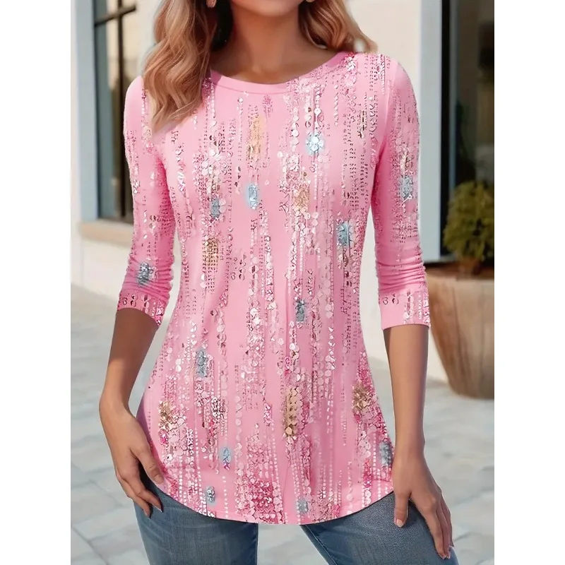 

Plus Size New Women's Casual Round Neck Printed Sequin Long Sleeved Comfortable T-shirt