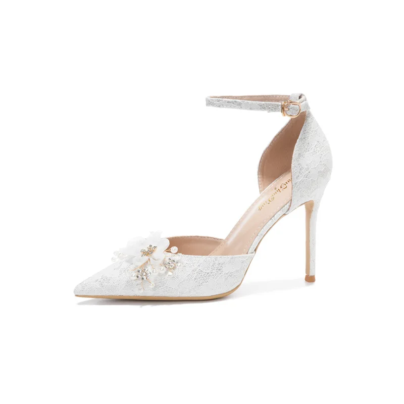 2024 Summer Sandals Slim Heels, Pointed Toe, Hollow Straight Heels with High Heels, Fashionable White Flower Wedding Shoes