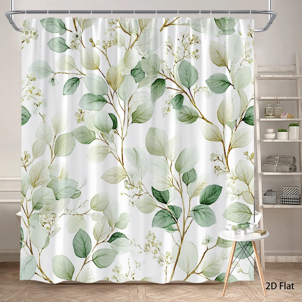 

Светло-зеленая занавеска для душа с рисунком листьев эвкалипта, изготовленная из полиэфирной ткани, можно стирать в машине, подходит для декора ванной комнаты.