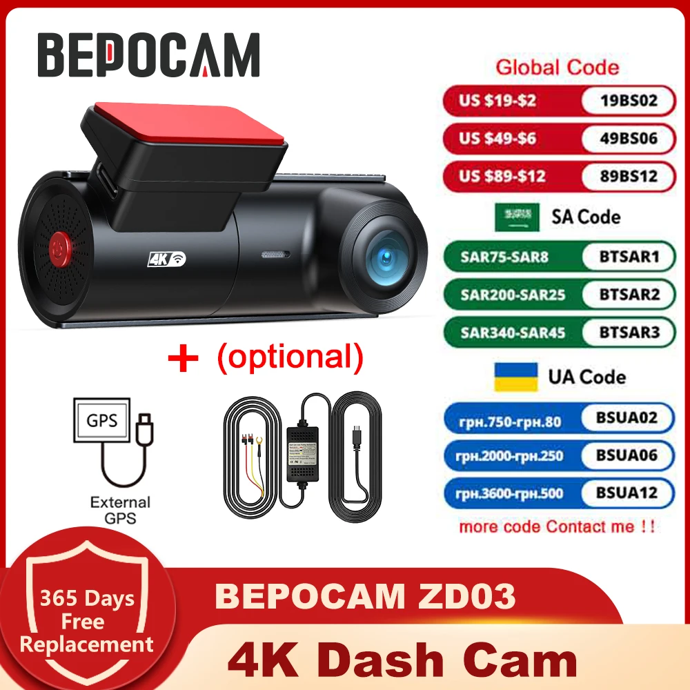 

BEPOCAM 4K Dash Cam Car DVR Night Vision Video Recorder Built-In Wi-Fi Support External GPS 24H Parking Car Camera ZD03 Dashcam