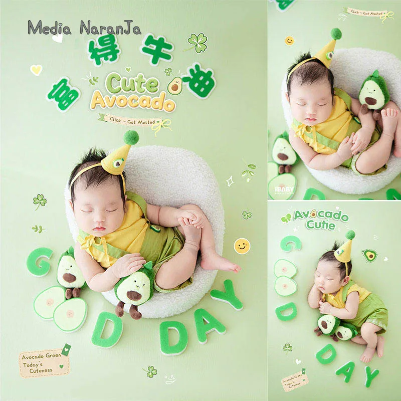 Newborn photography props baby boy avocado theme hat shirt suspender shorts 3pcs infant studio photo shoot outfit set