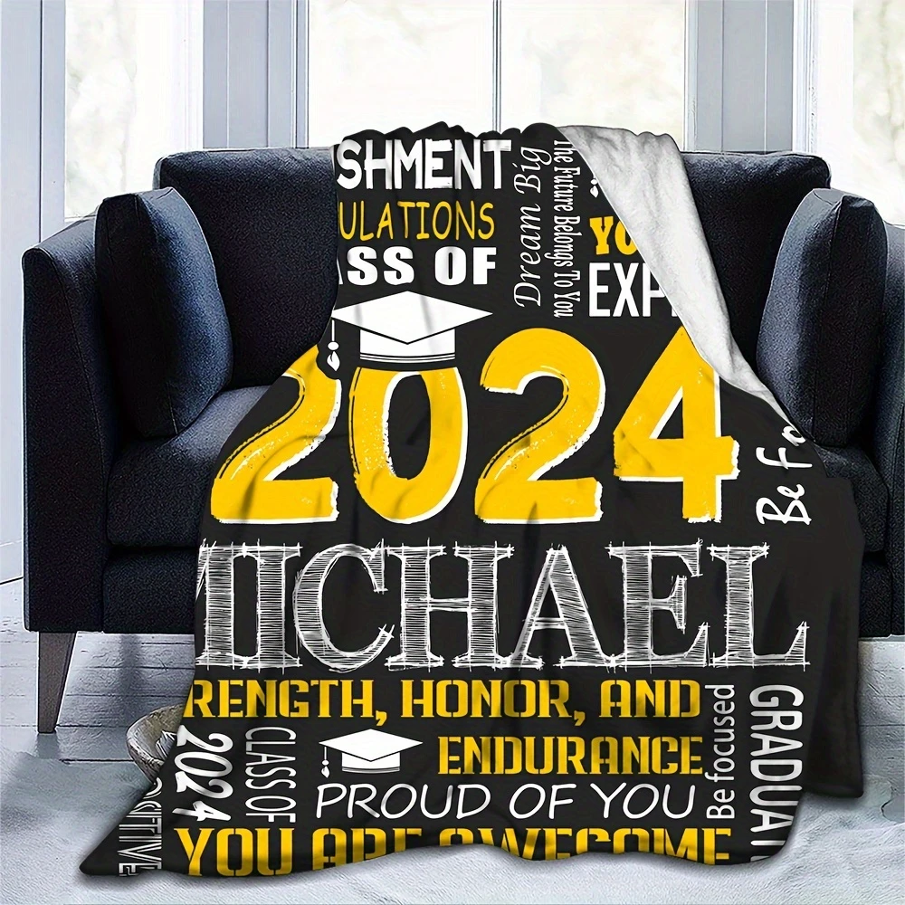 Customized Name Flannel Blanket Hot Sale Graduation Season Gift 2024 New Printed Outdoor Travel Reading Soft Square Blankets