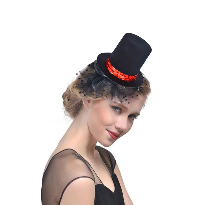 Women Girls Red Sequin Black Mini Top Hat Hair Clip  Birthday Party Carnival  Base Cap DIY Craft  Wear Wedding Festival