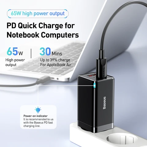 Baseus 65W GaN Зарядное устройство Quick Charge Type C для ноутбуков и iPhone — пример использования