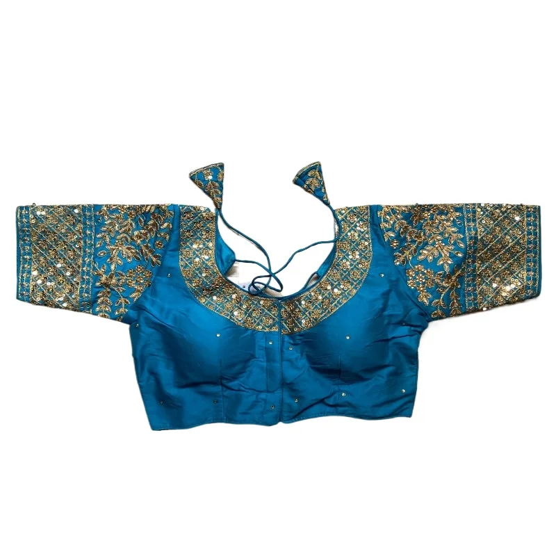 

Готовая блузка-чоли для сари, цвет павлиний синий, с золотой вышивкой, шелковая, готовая к носке, женская, индийская, пакистанская, для вечеринок, укороченный топ, сари