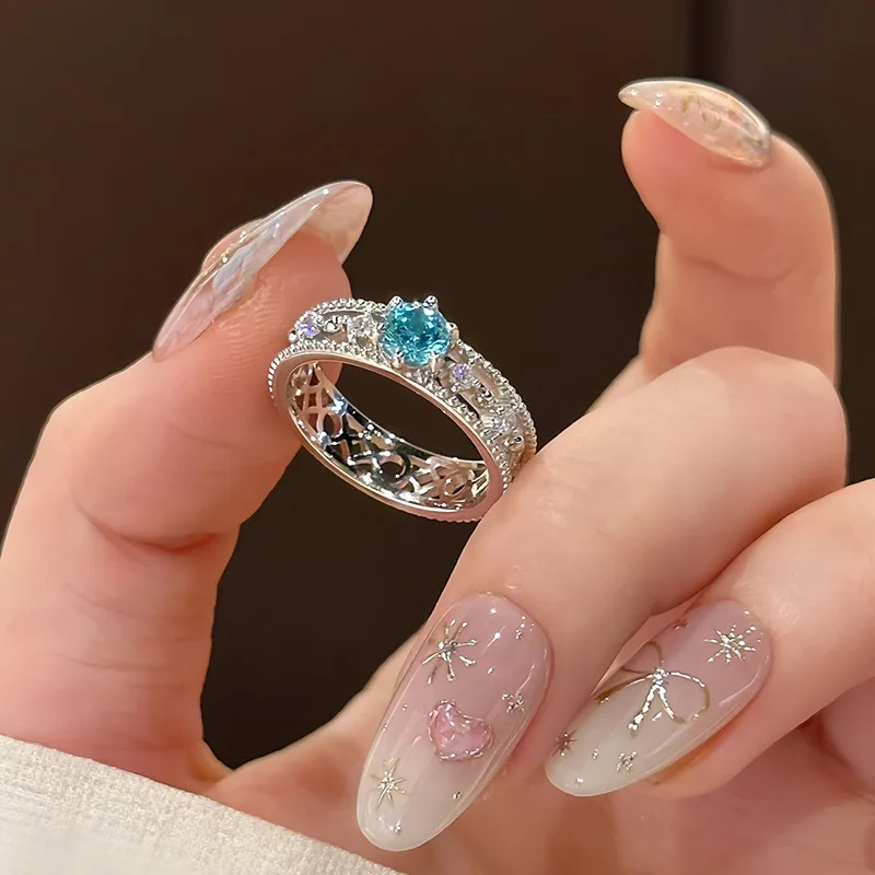 

Hollow Aquamarine Diamond Ring 100% Real 925 Sterling Silver Engagement Wedding Band Rings for Women Bridal Promise Jewelry